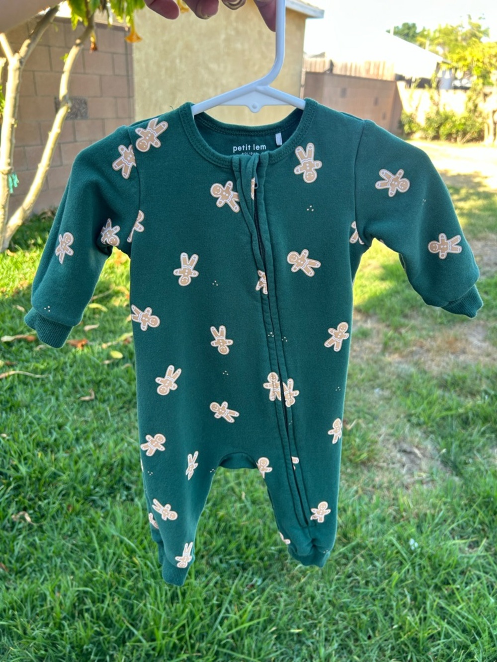 Petit Lem Dark Green Gingerbread Print Footed One-Piece